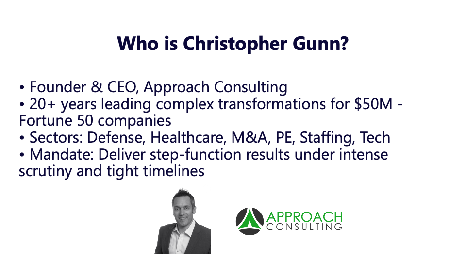 Bullet list showcasing Christopher Gunn's experience & core expertise areas: consulting, transformation, integration, defense, healthcare, M&A, PE, staffing, tech